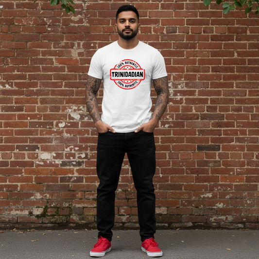 Man wearing a white t-shirt with 'Trinidadian' text against a brick wall